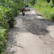 Pengendara saat melewati Jalan Provinsi Rimba Soping yang rusak dan dipersulit lagi akibat semak yang tidak dibersihkan.(Waspada/Syarif Ali Usman)