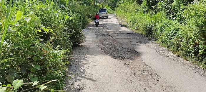 Pengendara saat melewati Jalan Provinsi Rimba Soping yang rusak dan dipersulit lagi akibat semak yang tidak dibersihkan.(Waspada/Syarif Ali Usman)