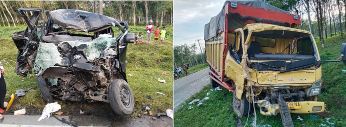 Kondisi kedua kenderaan ringsek setelah terjadinya tabrakan laga kambing.(Waspada/ist)