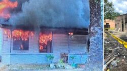 Rumah yang diduga dikontrak salah seorang pelaku pencurian TBS kelapa sawit di Dusun Simandiangin, Desa Sabungan, Kec. Sungaikanan, Kab. Labusel, dibakar warga, Rabu (2/10/2024). Waspada/Deni Daulay