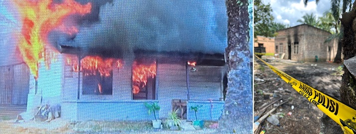 Rumah yang diduga dikontrak salah seorang pelaku pencurian TBS kelapa sawit di Dusun Simandiangin, Desa Sabungan, Kec. Sungaikanan, Kab. Labusel, dibakar warga, Rabu (2/10/2024). Waspada/Deni Daulay