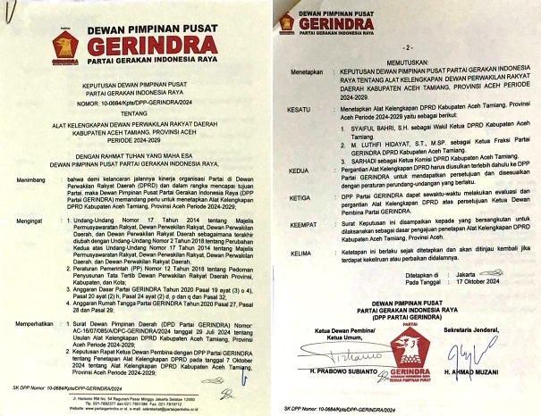 SK DPP Partai Gerindra menetapkan Syaiful Bahri sebagai Wakil ketua DPRK Aceh Tamiang dan M. Luthfi Hidayat sebagai Ketua Fraksi Gerindra. Waspada/Muhammad Hanafiah