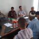 Perwakilan masyarakat didampingi Kades Sei Silau Barat Sarbaini, saat audiensi dan diterima Kasi Intel Hariyanto Manurung, dan Kasi Datun Ahbym Faizan, terkait sengketa lahan ganti rugi pembangunan suplesi perairan. Waspada/Sapriadi