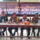 Kapolres Aceh Tamiang, AKBP Muliadi bersama Waka Polres dan para Kasat saat menyampaikan penjelasan dalam silahturahmi bersama wartawan Jumat (4/10) di Mapolres setempat. (Waspada/Yusri).