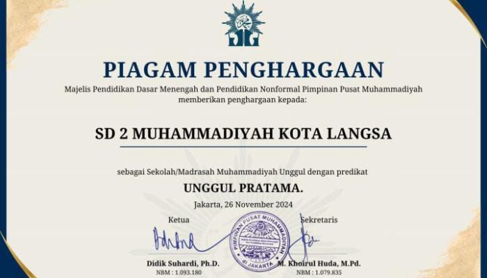 SD 2 Muhammadiyah Langsa Raih Penghargaan Sekolah Unggul Pratama