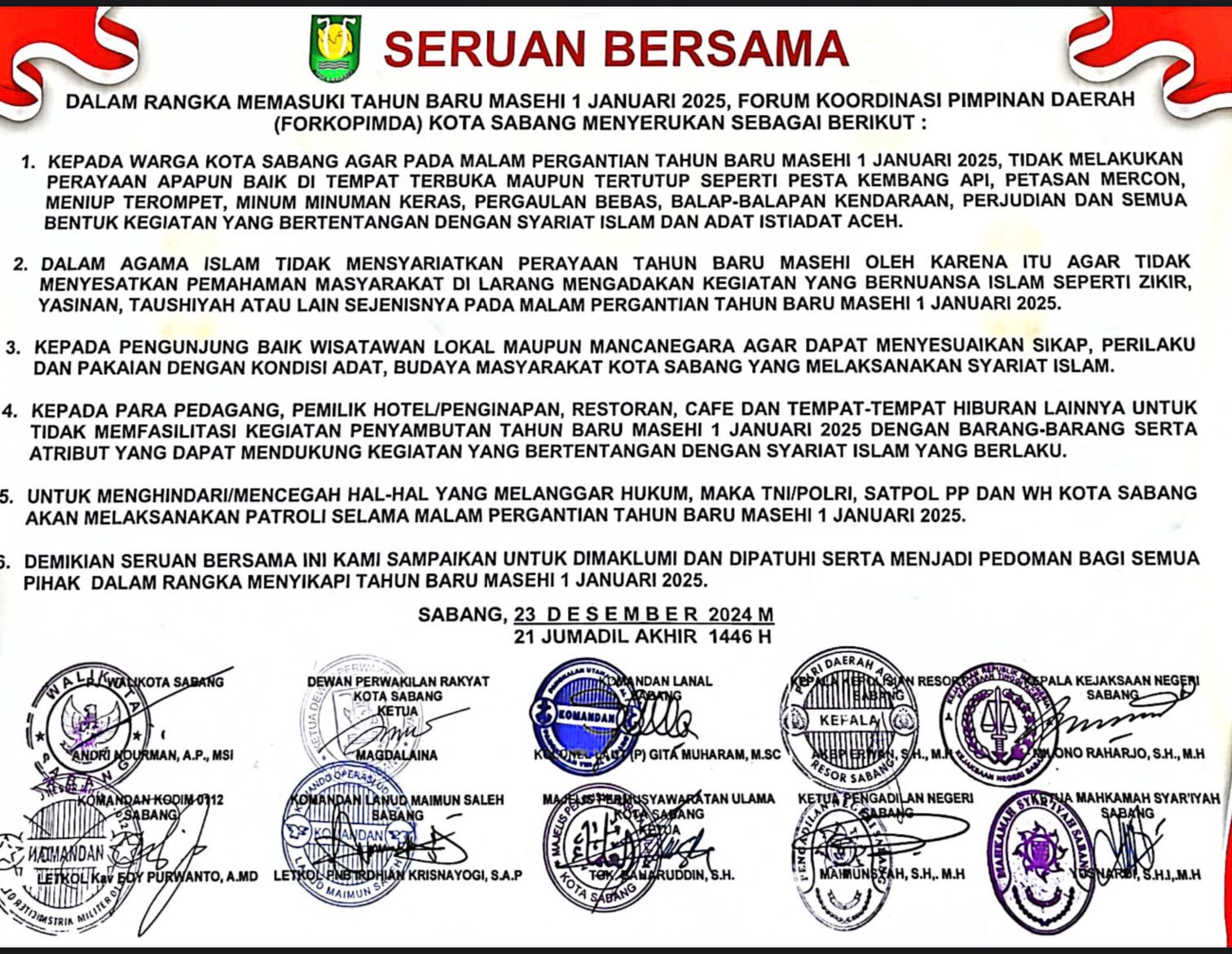 Forkopimda Sabang Keluarkan Seruan Bersama