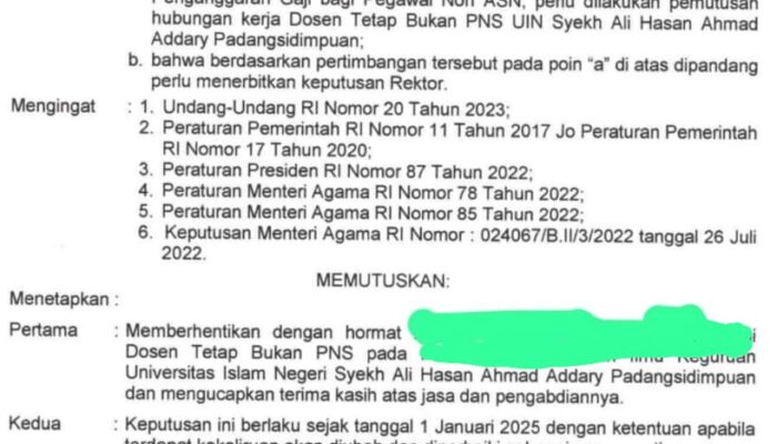 Rektor UIN Syahada Padangsidimpuan Pecat 40 Dosen