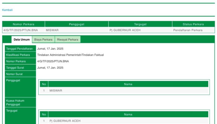 Proses Seleksi Kepala BPMA Bukan Kewenangan Pj Gubernur, Gugatan Kembali Dilayangkan
