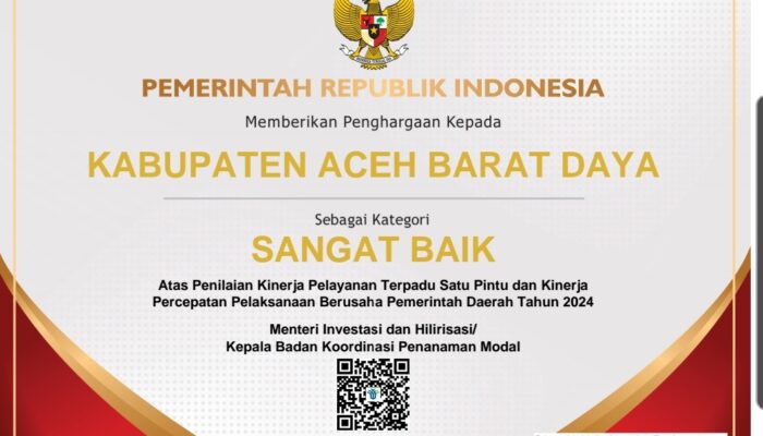 Abdya Raih Penghargaan Kementerian Investasi Dan Hilirasi/BKPM