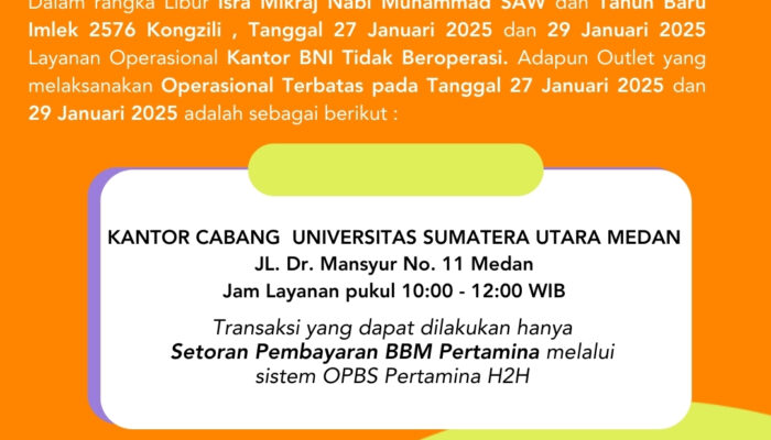 Libur Isra Mikraj Dan Imlek, Operasional Kantor BNI Tidak Beroperasi