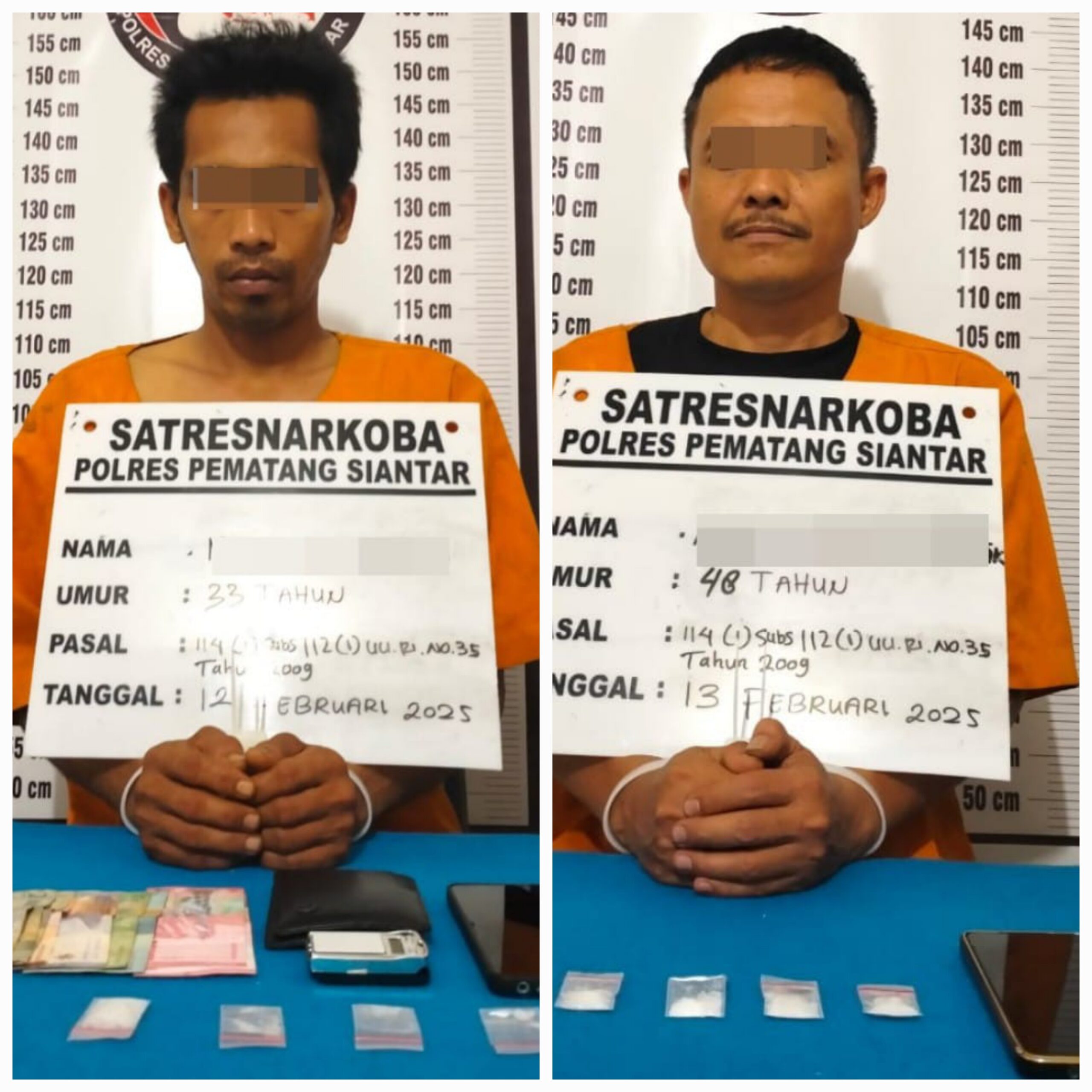Polres Pematangsiantar melalui Sat Resnarkoba meringkus dua terduga pelaku peredaran narkotika jenis sabu-sabu terdiri pria MAH, 33, di Jl. Ade Irma Suryani, Gg. Tobing, Kel. Melayu, Kec. Sianțar Utara, Rabu (12/2) pukul 22:00 dan pria RTS, 48, di Jl. Enggang, Kel. Sipinggolpinggol, Kec. Sianțar Barat, Kamis (13/2) pukul 02:30 serta menyita barang bukti sabu dan lainnya dari MAH dan RTS.(Waspada-Ist).