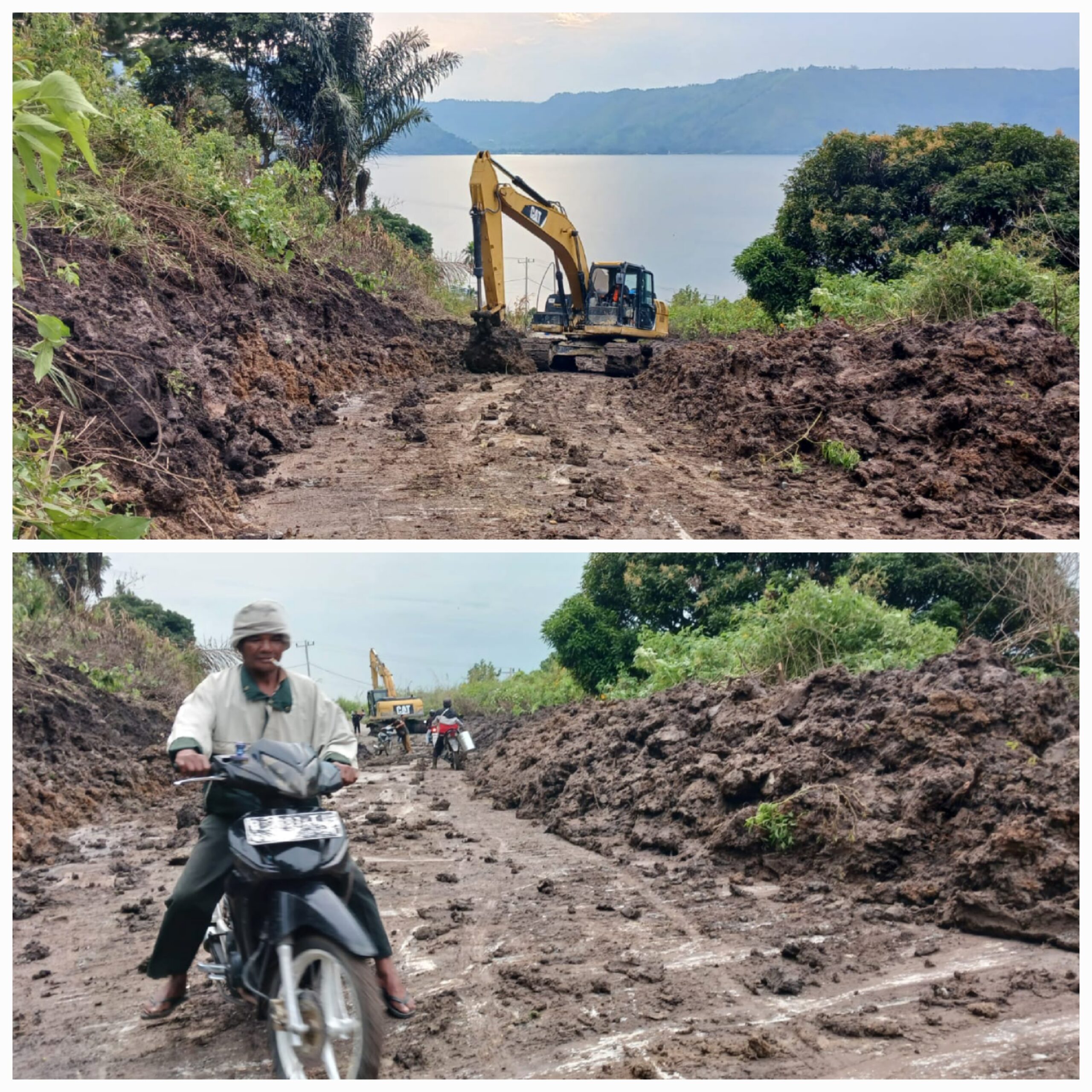 ALAT Berat jenis Escavator milik BPBD Pemkab Humbahas membersihkan meterial longsor yang menutup badan jalan. Waspada/ Andi Siregar