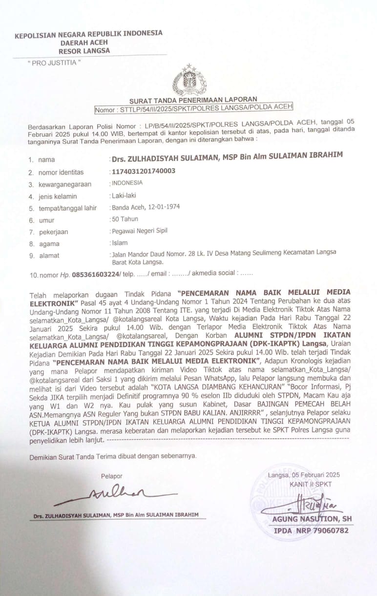 Hina STPDN Akun Tiktok @kotalangsareal Dilaporkan Ke Polisi Hina STPDN Akun Tiktok @kotalangsareal Dilaporkan Ke Polisi