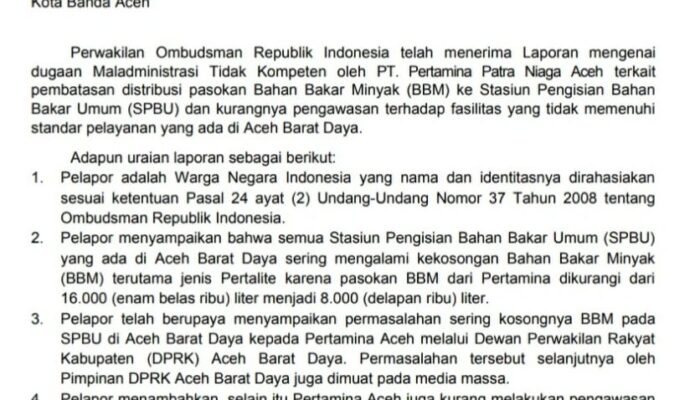 Sikapi Laporan Warga Abdya, Ombudsman Aceh Minta Penjelasan Pertamina