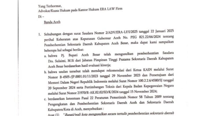 Pemerintah Aceh Tanggapi Keberatan Atas Pemberhentian Sekda Aceh Besar