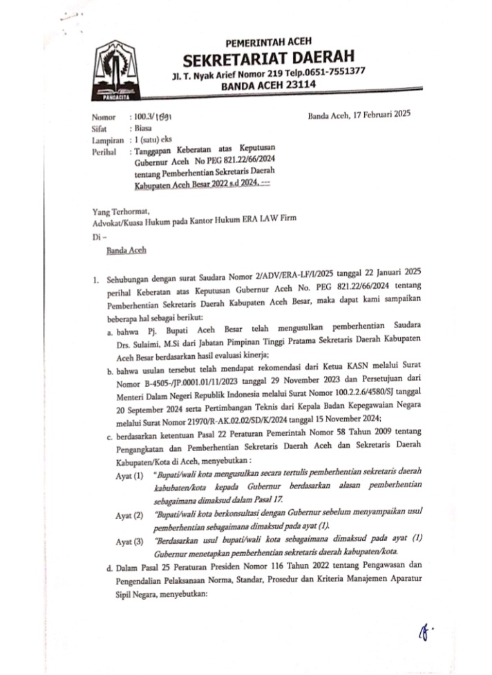 Pemerintah Aceh Tanggapi Keberatan Atas Pemberhentian Sekda Aceh Besar Pemerintah Aceh Tanggapi Keberatan Atas Pemberhentian Sekda Aceh Besar