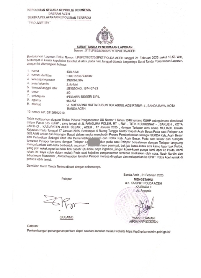Mantan Sekda Aceh Besar Polisikan Kerabat Mantan Pj Bupati