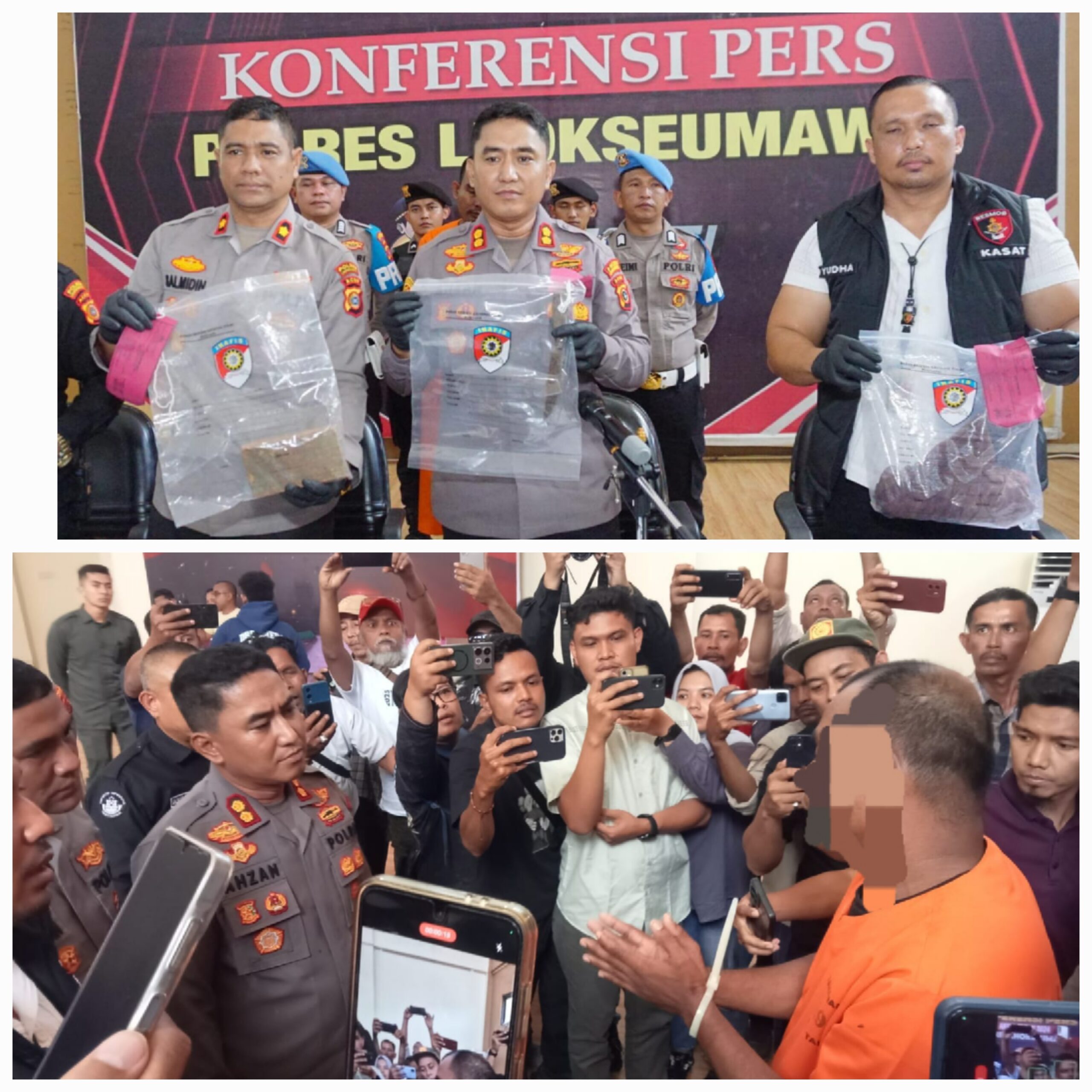 Kapolres Lhokseumawe AKBP Ahzan menggelar konfrensi pers di Mapolres, Senin (21/4), dengan menghadirkan FU, 39 pelaku yang membunuh kakak iparnya beserta sejumlah barang bukti berupa pisau dan batu bata. (Waspada/Zainuddin. Abdullah).