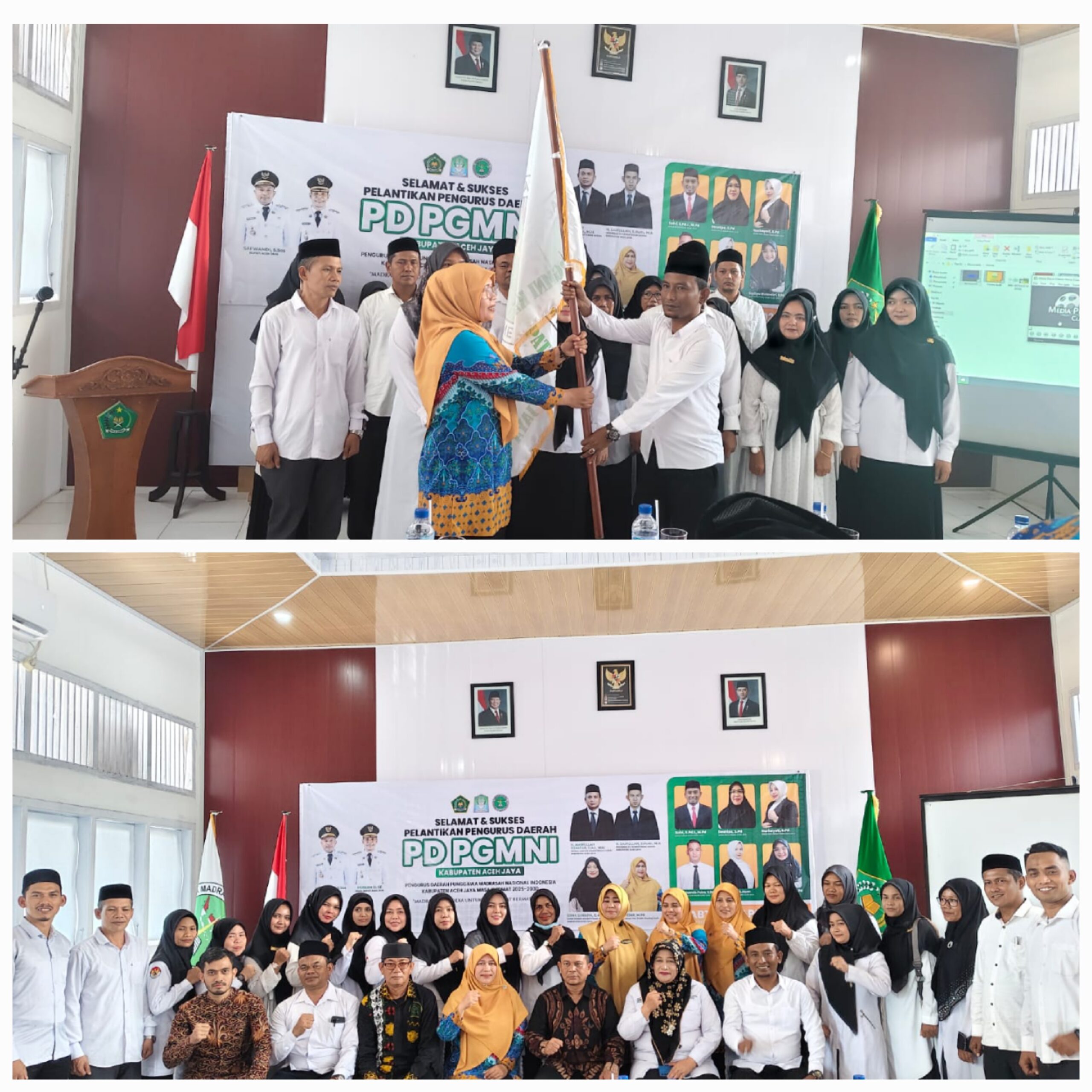 Ketua Umum PW PGMNI Provinsi Aceh, Ismaidar, M.Pd menyerahkan pataka PGMNI kepada Ketua PD PGMNI Aceh Jaya, Safri, S.Pd.I, M.Pd dan foto bersama usai pelantikan di gedung BKG Kantor Kemenag Aceh Jaya, Sabtu (26/4/25).(Waspada/Ist)