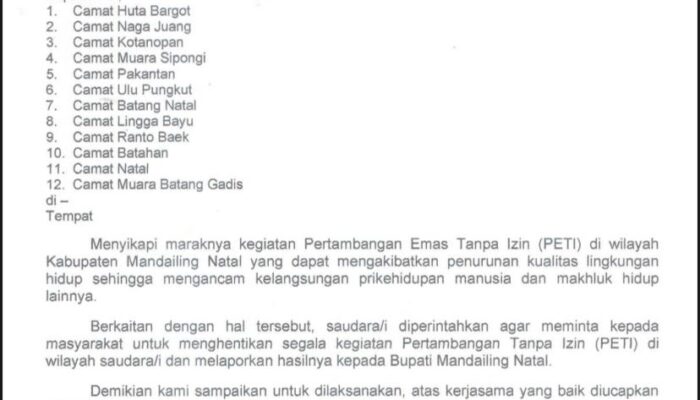 Bupati Madina Keluarkan Surat Perintah Penghentian PETI