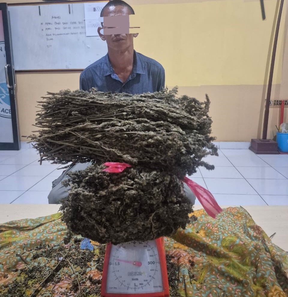 Tersangka SA bersama barang bukti diamankan di Polres Aceh Timur di Peudawa, Minggu (27/4). Waspada/Muhammad Ishak