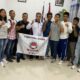 Ketua Dewan Guru KKI Sumut Kompol Janpiter Napitupulu SH MH foto bersama dengan 8 atlet KKI Sumut sebelum melepas keberangkatan Tim karate KKI Sumut menuju Seleknas KKI yang akan dilaksanakan mulai 25 April 2025 di OSO Center Tambun Bekasi. Waspada/Andi Aria Tirtayasa