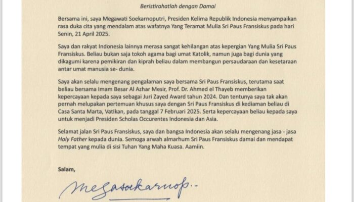Lewat Surat, Megawati Sampaikan Ucapan Belasungkawa Atas Wafatnya Paus Fransiskus