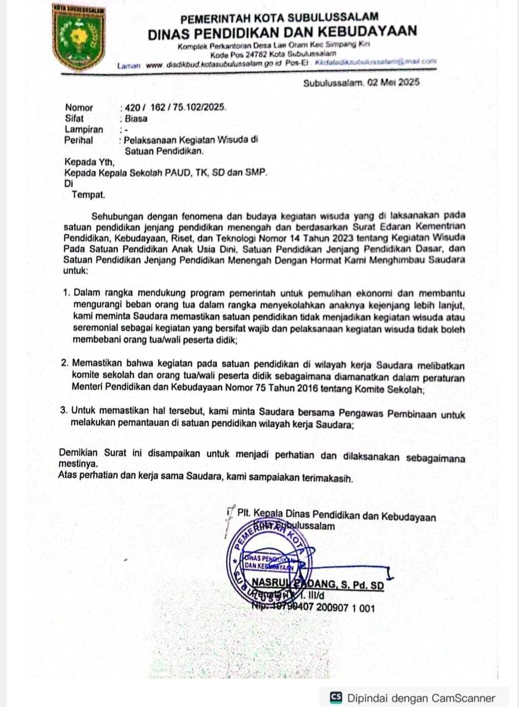 Budaya Wisuda, Kepala Sekolah PAUD, TK, SD Dan SMP Disurati Budaya Wisuda, Kepala Sekolah PAUD, TK, SD Dan SMP Disurati