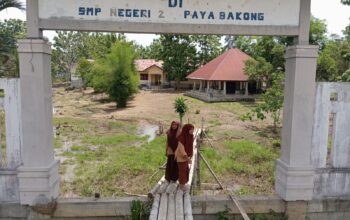 Siswa SMP Negeri 2 Paya Bakong Lewati Jembatan Darurat Demi Masuk Sekolah