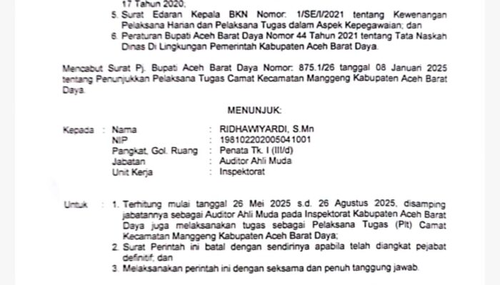 Tiga Jabatan Eselon IIIa Pemkab Abdya Diisi Plt