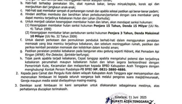 Waspada Kebakaran, Bupati Agara Keluarkan Surat Edaran Delapan Poin