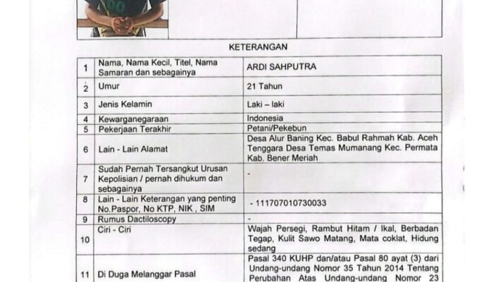 Polisi Aceh Tenggara Tetapkan Ardian Syahputra DPO Kasus Pembunuhan Sadis
