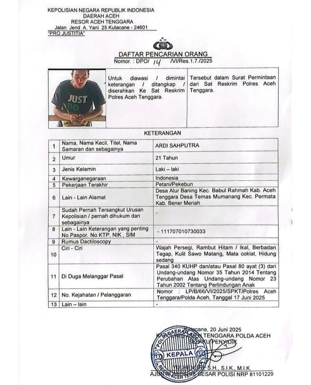 Polisi Aceh Tenggara Tetapkan Ardian Syahputra DPO Kasus Pembunuhan Sadis