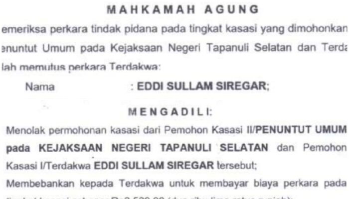 Mahkamah Agung Tolak Kasasi Oknum Anggota DPRD Tapsel