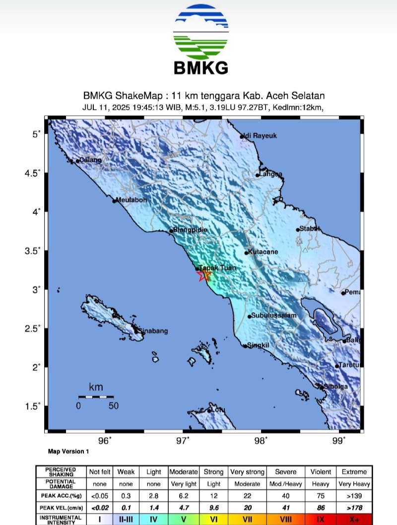 Gempa Tektonik Magnitudo 5,1 Guncang Pantai Barat Aceh Selatan, Tidak Berpotensi Tsunami