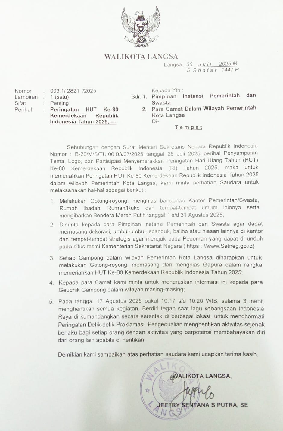 Wali Kota Langsa Imbau Warga Kibarkan Bendera Merah Putih