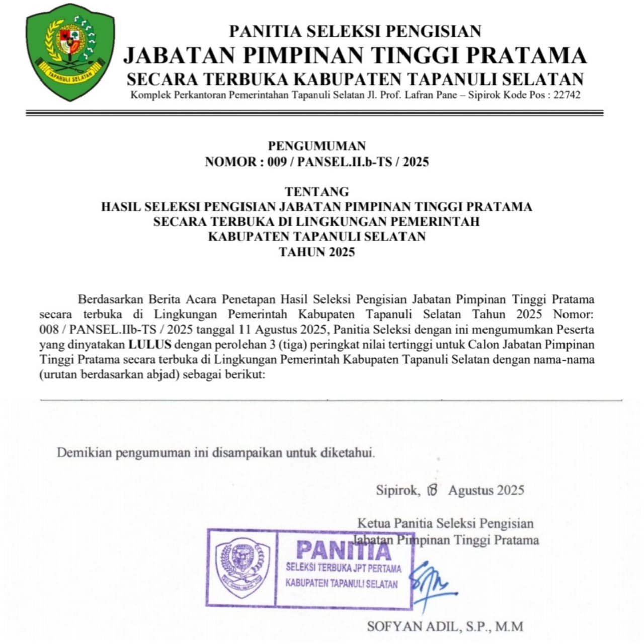 Ini Hasil Lelang 6 Jabatan Di Tapsel, Kadis Kominfo Zonk