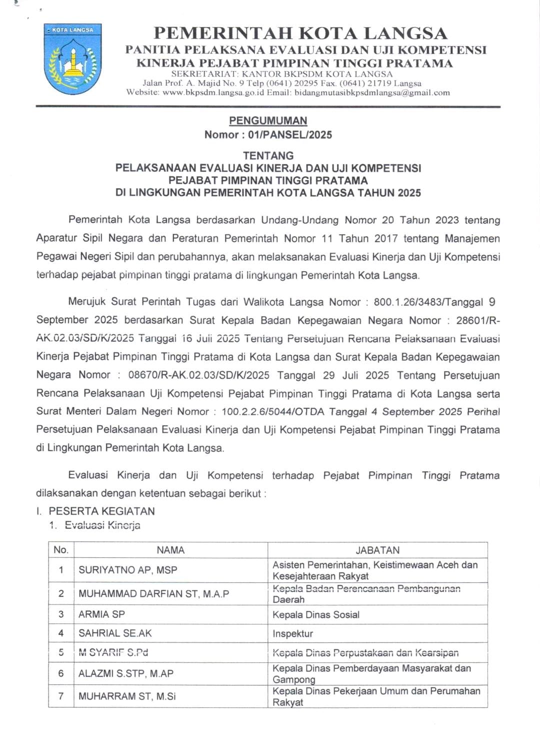 Daftar Pejabat Eselon II Pemko Langsa Ikut Evaluasi Kinerja Dan Uji Kompetensi