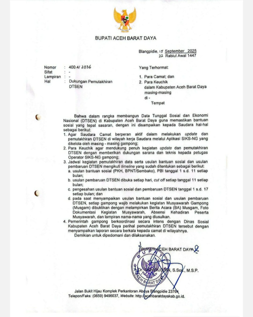 Dalam Pemutakhiran DTSEN, Camat Dan Kades Di Abdya Diminta Berperan Aktif