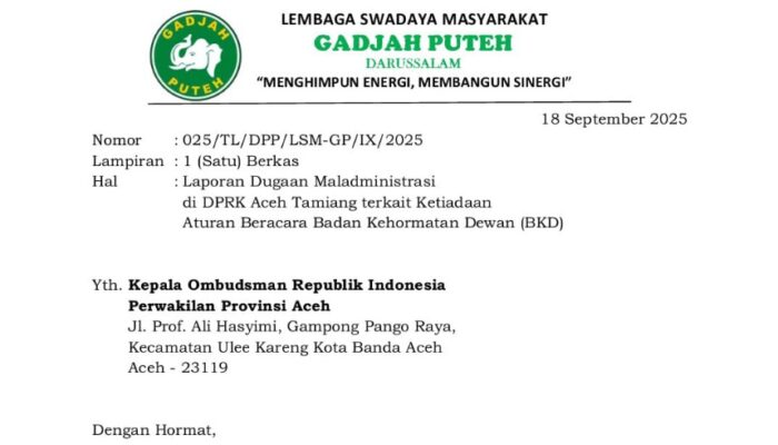 LSM Gadjah Puteh Adukan DPRK Aceh Tamiang Ke Ombudsman