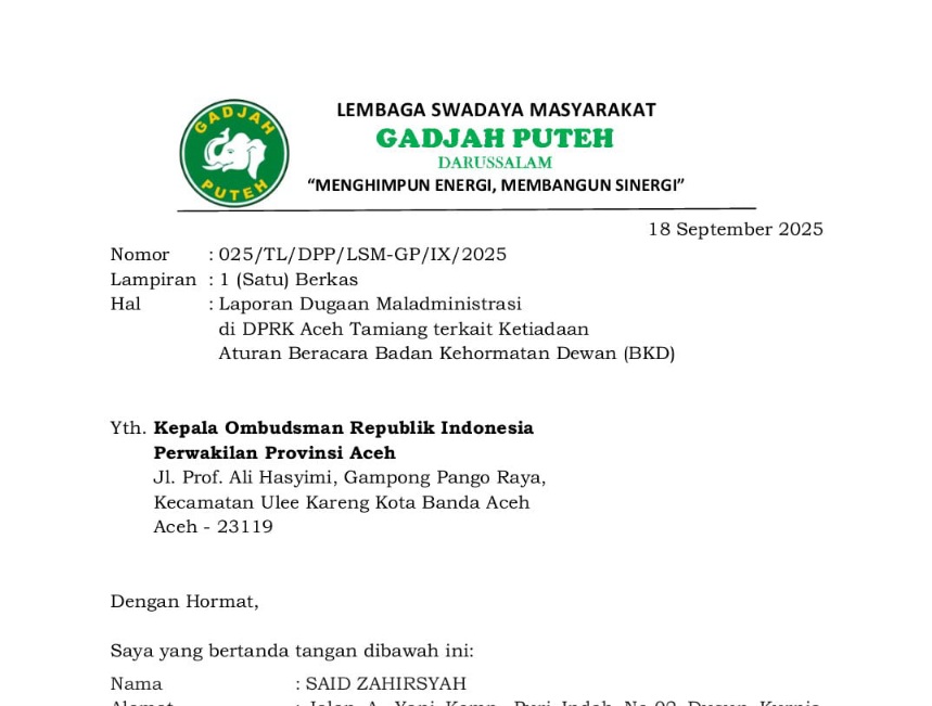 LSM Gadjah Puteh Adukan DPRK Aceh Tamiang Ke Ombudsman