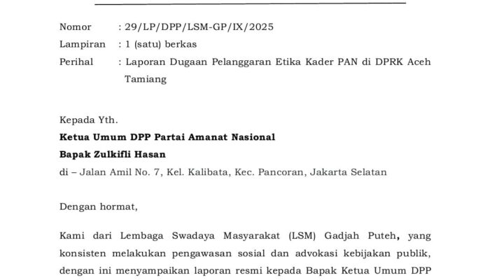 LSM Gadjah Puteh Adukan Anggota DPRK Aceh Tamiang Ke DPP PAN Terkait Dugaan Pelanggaran Etika