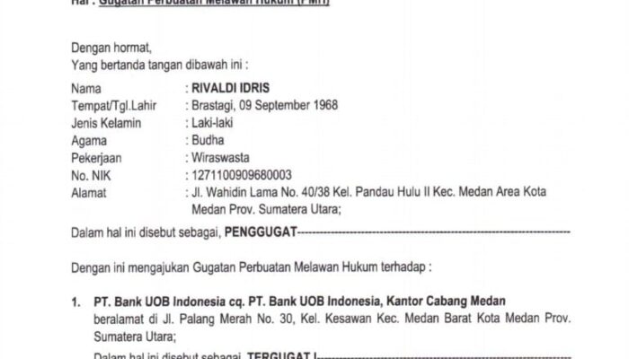 Rivaldi Idris Gugat UOB Dan DJKN Soal Lelang Agunan