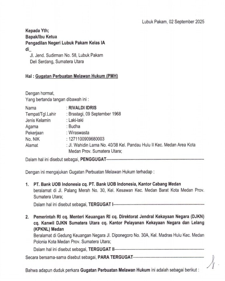 Rivaldi Idris Gugat UOB Dan DJKN Soal Lelang Agunan