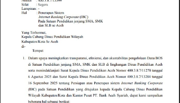 Disdik Aceh Wajibkan Sekolah Gunakan Internet Banking Corporate Untuk Dana BOS Mulai 2026