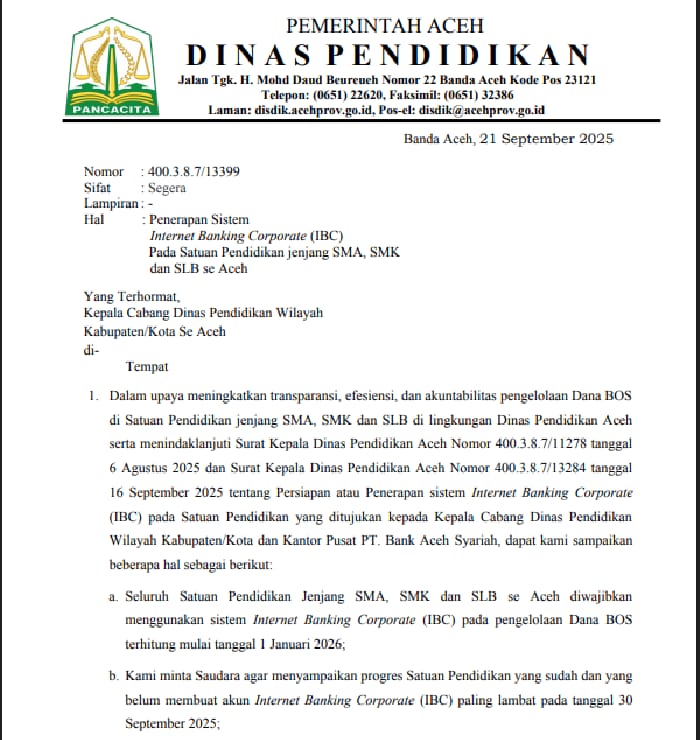 Disdik Aceh Wajibkan Sekolah Gunakan Internet Banking Corporate Untuk Dana BOS Mulai 2026