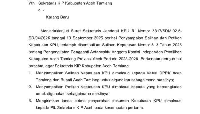 KPU RI Sudah Terbitkan SK PAW Anggota KIP Aceh Tamiang