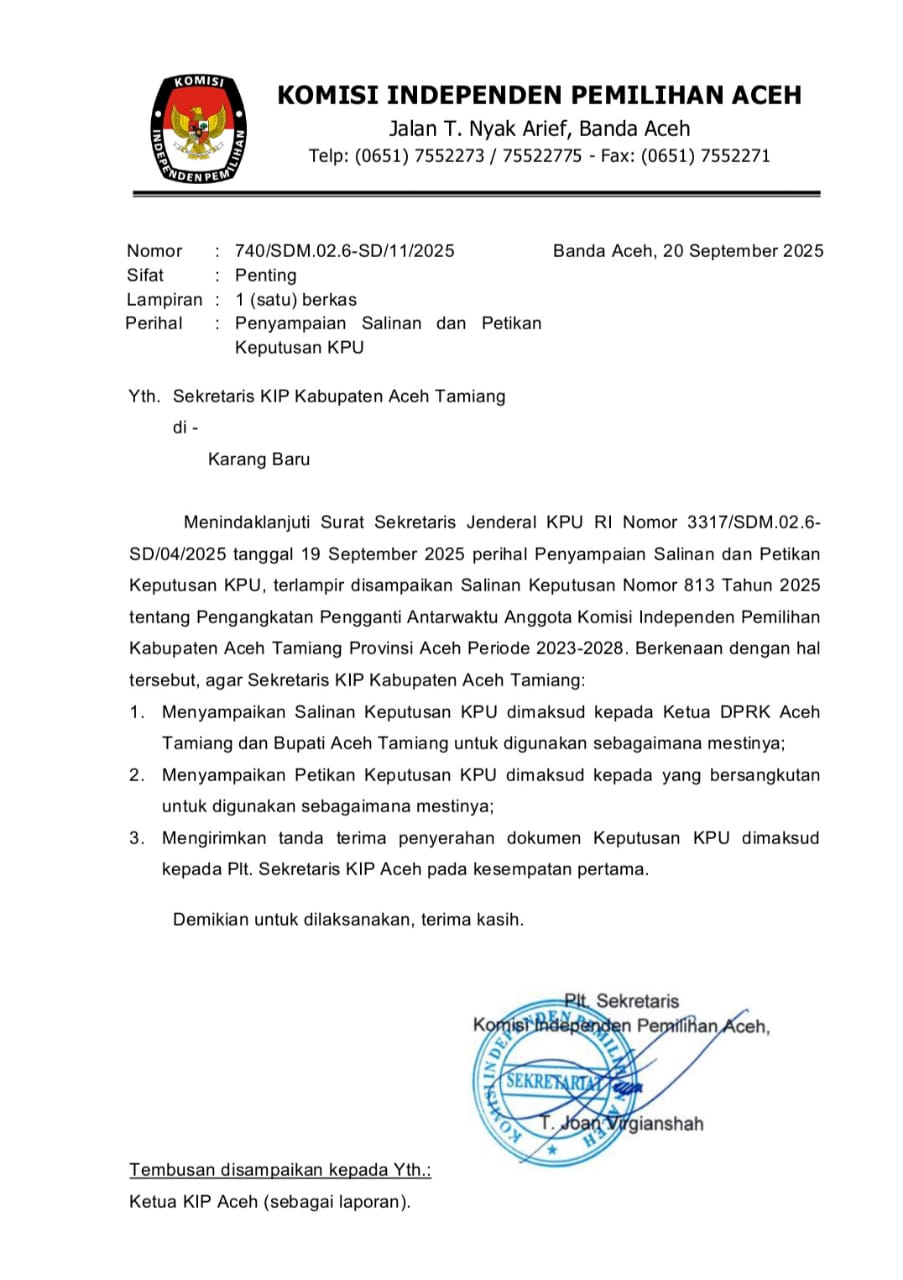 KPU RI Sudah Terbitkan SK PAW Anggota KIP Aceh Tamiang