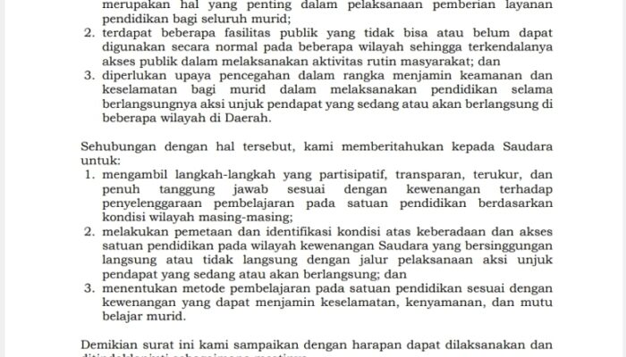 Kemendikdasmen Keluarkan Surat Pemberitahuan Pembelajaran Aman di Tengah Aksi Unjuk Pendapat