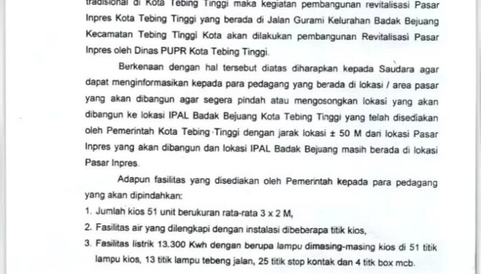 Pasar Inpres Tebingtinggi Dikosongkan Untuk Revitalisasi